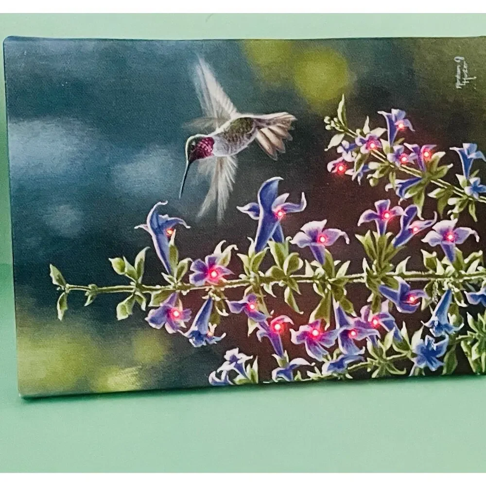 Hummingbird Flower LED Lighted Canvas Wall or Tabletop Picture 8.5 X 6